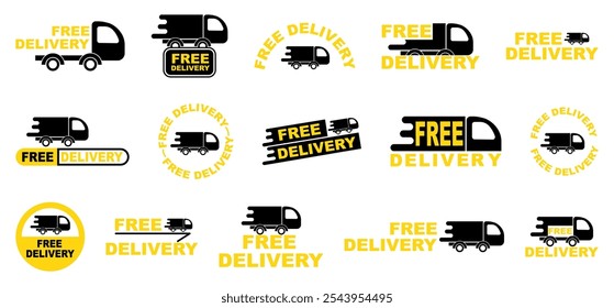 Free delivery label collection with truck icons. Delivery badges