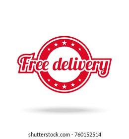Free delivery label. Red color, isolated on white. Vector illustration.