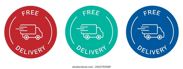 Free delivery label vector design for packaging. Shipping color sticker. Illustration, logo, symbol, sign, stamp, tag, emblem, mark or seal for package.