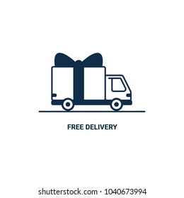 Free delivery Line icon. Thin line styled Delivery truck with bow isolated on white background. Delivery service Shipping by car or truck. outline style lorry with gift box, parcel. Vector