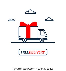 Free delivery Line icon. Thin line styled Delivery truck with bow isolated on white background. Delivery service Shipping by car or truck. outline style lorry with gift box parcel. Vector illustration