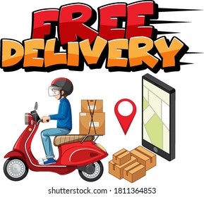 Free delivery logo with bike man or courier illustration