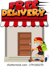 Free delivery logo with courier riding scooter illustration
