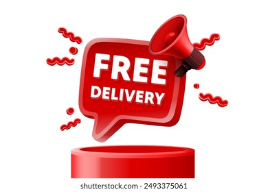 Free delivery message, megaphone announces news, banner service. Vector illustration