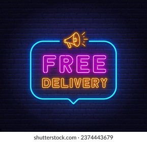 Free Delivery neon sign in the speech bubble on brick wall background.