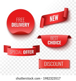 Free delivery, new, best choice, special offer and discount sale banners. Red ribbons, tags and stickers. Vector illustration.