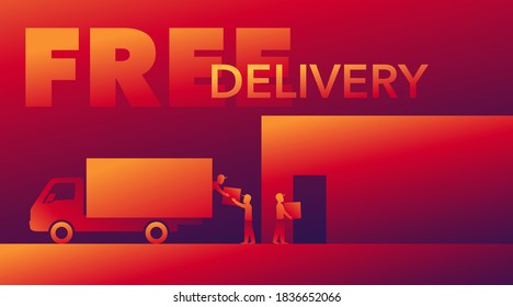 Free delivery offer - truck and people loaders silouette in cute colorful paper decoration - vector banner