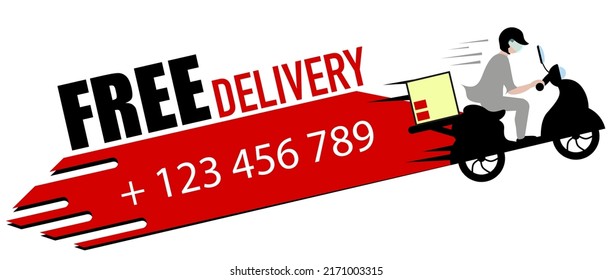 Free Delivery on the Motorbike with telephone Number icon concept. Person riding motorbike with box behind back icon for service, order, fast, free and worldwide shipping. 