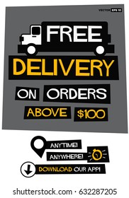 Free Delivery on Orders Above Hundred Dollars with Truck, Text Box Template and Download App Button