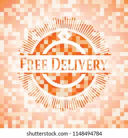 Free Delivery orange tile background illustration. Square geometric mosaic seamless pattern with emblem inside.