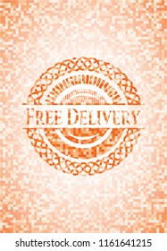 Free Delivery orange tile background illustration. Square geometric mosaic seamless pattern with emblem inside.