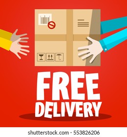 Free Delivery. Paper Box with Hands on Red Background.