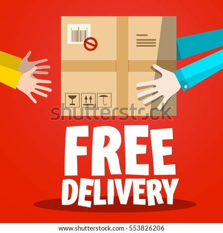 Free Delivery. Paper Box with Hands on Red Background.