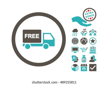 Free Delivery pictograph with bonus elements. Vector illustration style is flat iconic bicolor symbols, grey and cyan colors, white background.