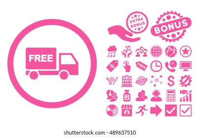 Free Delivery pictograph with bonus elements. Vector illustration style is flat iconic symbols, pink color, white background.