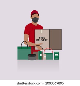 Free delivery poster. Online business store flyer. Home transport guy with groceries. Cargo distribution. Vector illustration.