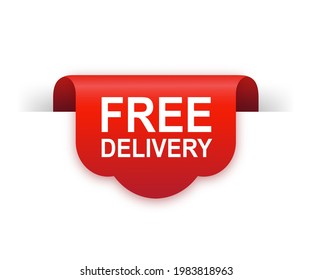 Free delivery red ribbon isolated on white background. Red label, banner for any purposes. Vector illustration.