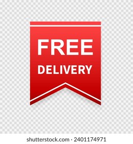 Free delivery red ribbon, tag, label, sticker. Ribbon sale badge, banner, price tag. Vector illustration.