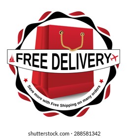 Free delivery red sticker / label vector illustration for print. Contains a big gift / present bag. Pantone coated colors used.