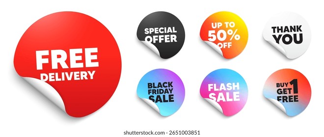 Free delivery red sticker tag. Special offer paper price tags. Free delivery tag. Shipping and cargo service message. Business order icon. Discount, black friday sticker. Promo banner. Vector
