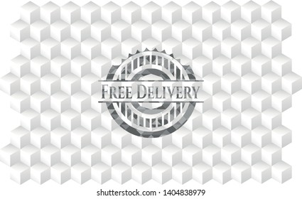 Free Delivery retro style grey emblem with geometric cube white background