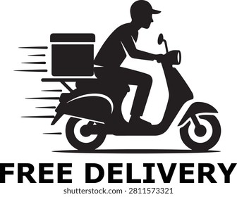 Entrega gratuita Scooter Courier Vector de silueta negro con envío rápido Texto