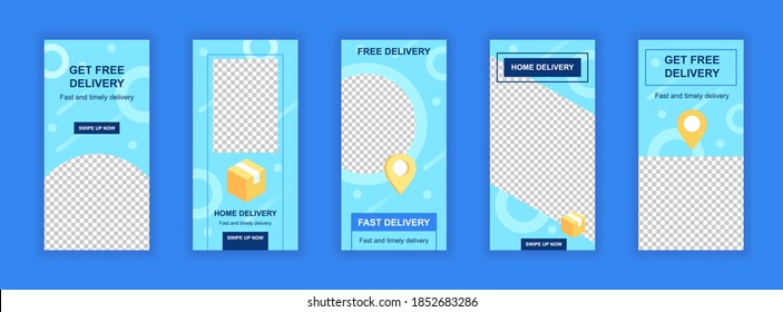 Free delivery service editable templates set for stories. Fast delivery at home, order and shipping. Design for social networks. Story mockup with free copy space vector illustration.