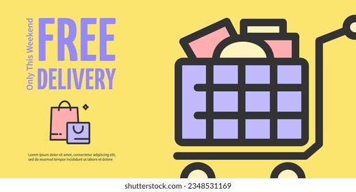 Free Delivery Service Horizontal Placard Poster Banner Card Template Trolley with Goods. Vector illustration of Landing Page