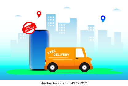 Free delivery service illustration vector, free and fast delivery vector illustration with van for website, banner, flyer business in modern flat style design 