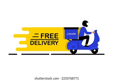 Free delivery service logo badge. Fast and free delivery design template. Free delivery service badge. Free delivery express moto scooter. Vector illustration