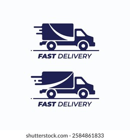Free delivery service logo badge, free freight delivery truck icon, quick time delivery order, fast truck flat cartoon simple graphic.