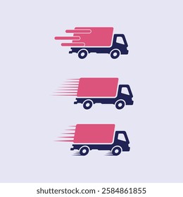 Free delivery service logo badge, free freight delivery truck icon, quick time delivery order, fast truck flat cartoon simple graphic.