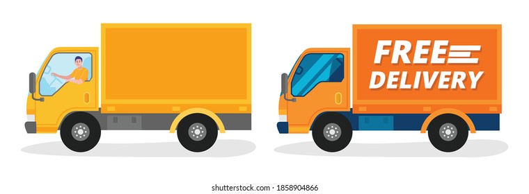 Free delivery service. Delivery man driving a truck. Vector