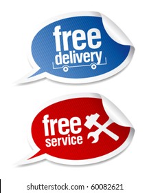 Free delivery, free service stickers in form of speech bubbles.
