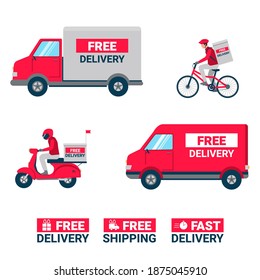 Free delivery services concept, online order tracking, delivery home and office. Warehouse lorry, truck, scooter and bicycle courier, food fast delivery man isolated Vector illustration and icons.