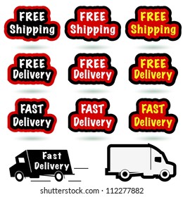 Free delivery, free shipping and fast delivery sign set on white. Vector