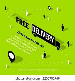 Free delivery shipping flyer advertisement banner with car icon and light shadow. Banneror header for eshop on green background.