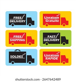 Free delivery shipping icon, home express delivery service, different language deferent type vector badge