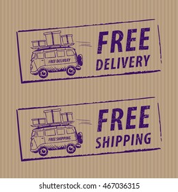Free Delivery and Shipping Icons with Minivan in a Rush and Text Made as Package Stamp - Ink Blue Grunge Elements on Cardboard Background - Quick Sketch and Flat Graphic
