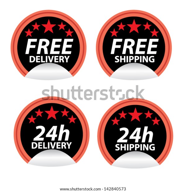 Free delivery, free shipping stickers on black\
circle and red border.\
Vector.