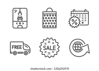 Free delivery, Shopping bag and Calendar discounts icons simple set. Crane claw machine, Sale and World globe signs. Shopping truck, Paper package. Holidays set. Line free delivery icon. Vector
