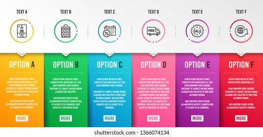 Free delivery, Shopping bag and Calendar discounts icons simple set. Crane claw machine, Sale and World globe signs. Shopping truck, Paper package. Holidays set. Infographic template. 6 steps timeline