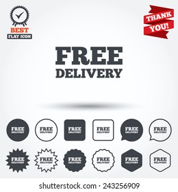 Free delivery sign icon. Delivery button. Circle, star, speech bubble and square buttons. Award medal with check mark. Thank you ribbon. Vector