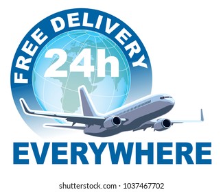 Free delivery sign. White commercial airplane in front of large world globe.