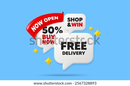 Free delivery speech bubbles. Now open flag ribbon. Free delivery tag. Shipping and cargo service message. Business order icon. Discount chat bubbles with 3d sparkles. Vector