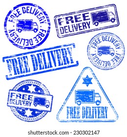 Free delivery stamps. Different shape vector rubber stamp illustrations 