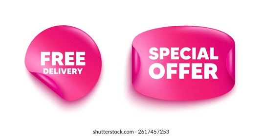 Free delivery sticker banner. Paper price label. Free delivery tag. Shipping and cargo service message. Business order icon. Paper sticker with message. Offer label banner. Vector