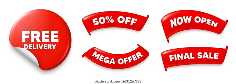 Free delivery sticker, Sale offer ribbons. Now open, Mega discount. Free delivery tag. Shipping and cargo service message. Business order icon. Red sticker tag. Flag ribbon banners. Vector