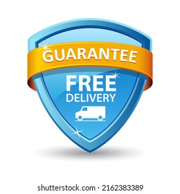 Free Delivery Symbol. - Blue Sign With Car Icon. Badge With Truck. Vector Design Emblem. Guarantee 100% Satisfaction Label.