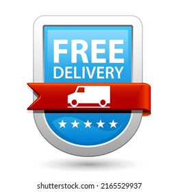 Free Delivery symbol. - Blue sign with car icon. Badge with truck. Vector design emblem. Guarantee 100% satisfaction label.